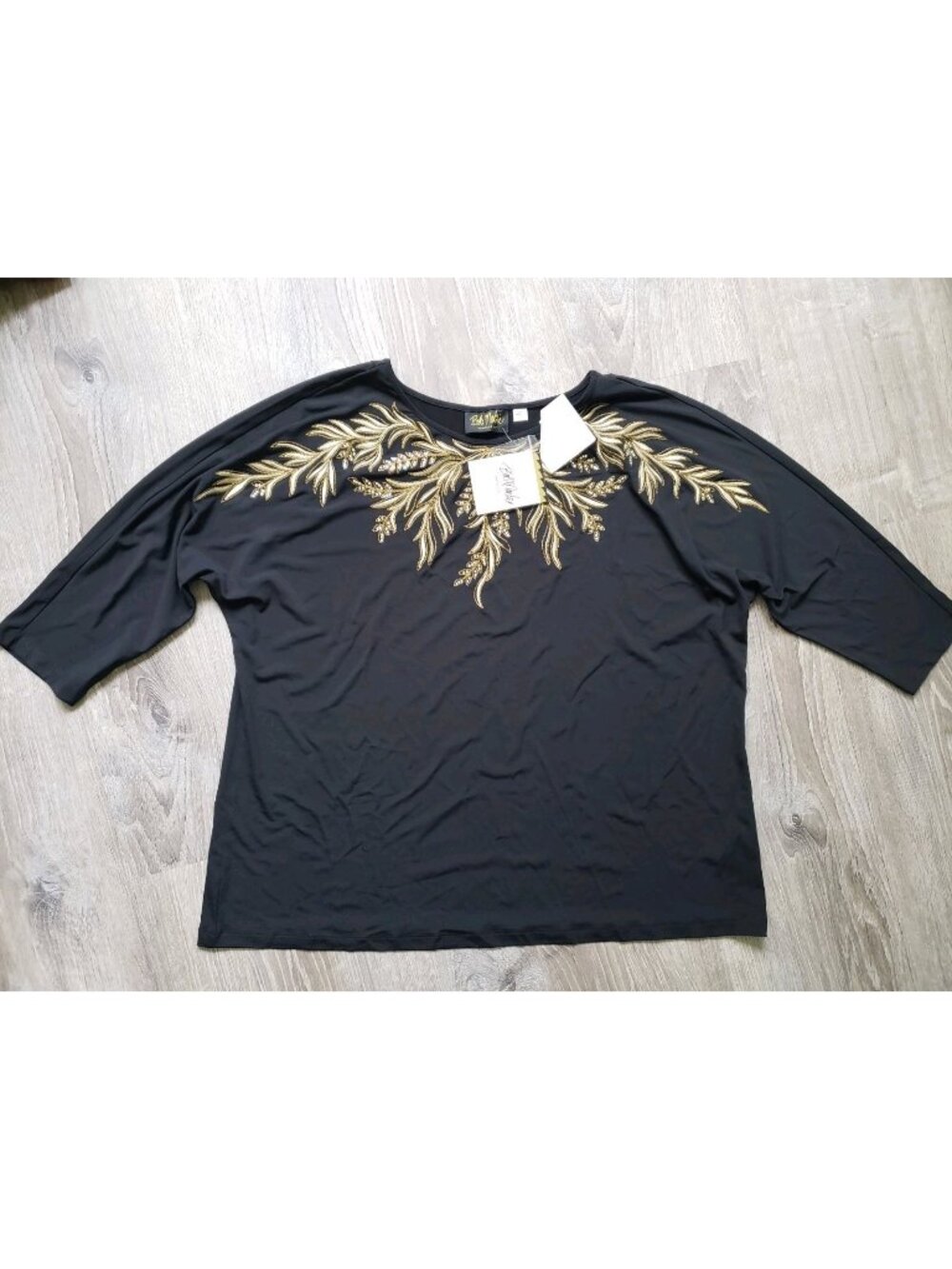 Bob Mackie Wearable Art Women Plus 1X Top Gold Embroidery Studded Black Knit NWT